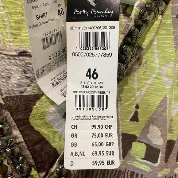 BETTY BARCLAY Elements Geometric Patterned Blouse w/ Beaded Neckline NWT Size 16 - Picture 3 of 8